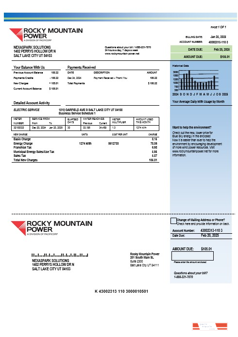 USA Utah Rocky Mountain Power electricity business utility bill template in Word and PDF formats